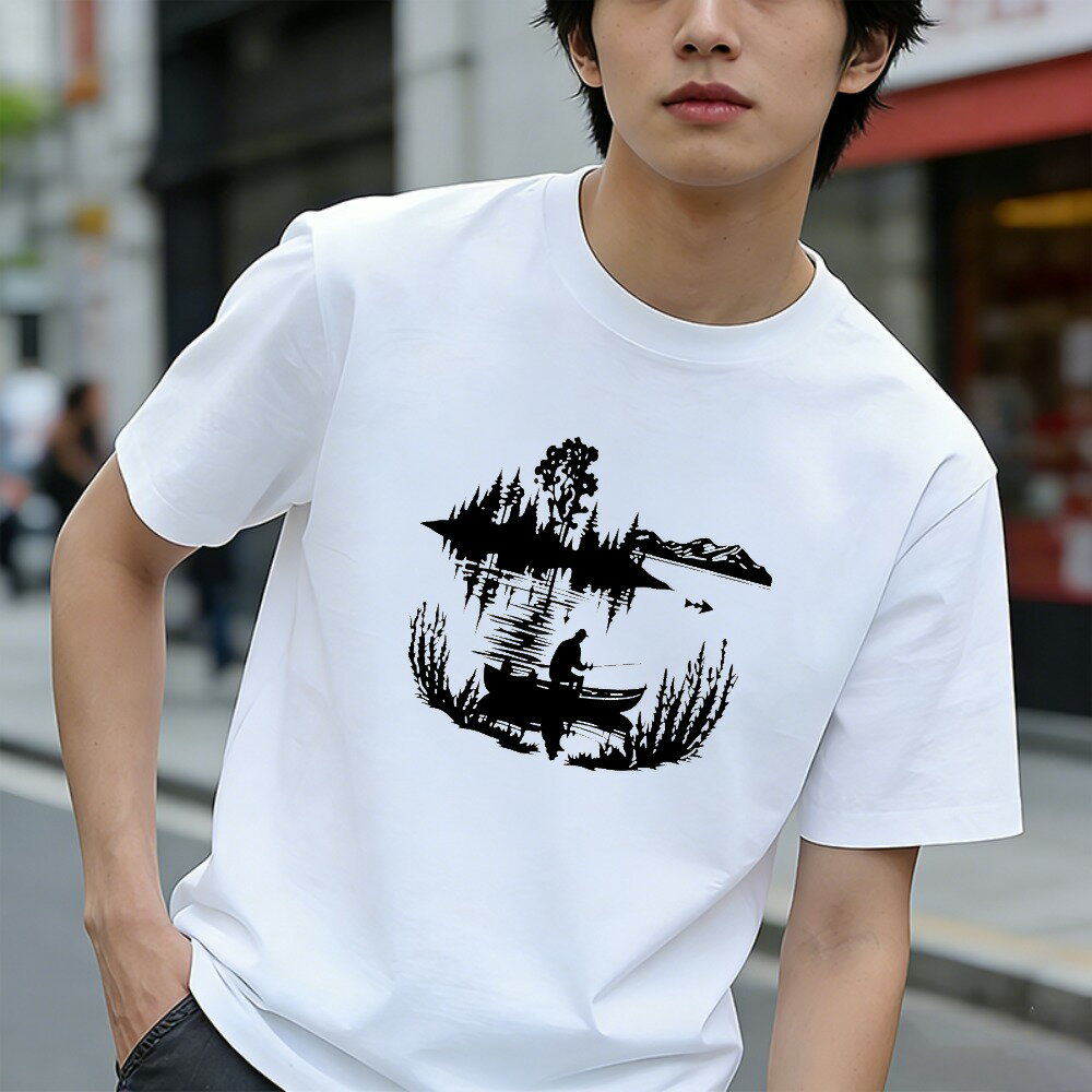 樂天商城 - Tシャツ メンズ 半袖 100％コットン 湖の反射 渓流釣りボート 木々 グラフィックプリント おもしろいTシャツ カジュアルTシャツ ティーシャツ 春 夏 男子 中学生 通気性 速乾 吸汗発散 丸首 アウトドア ストレッチ ギフト プレゼント