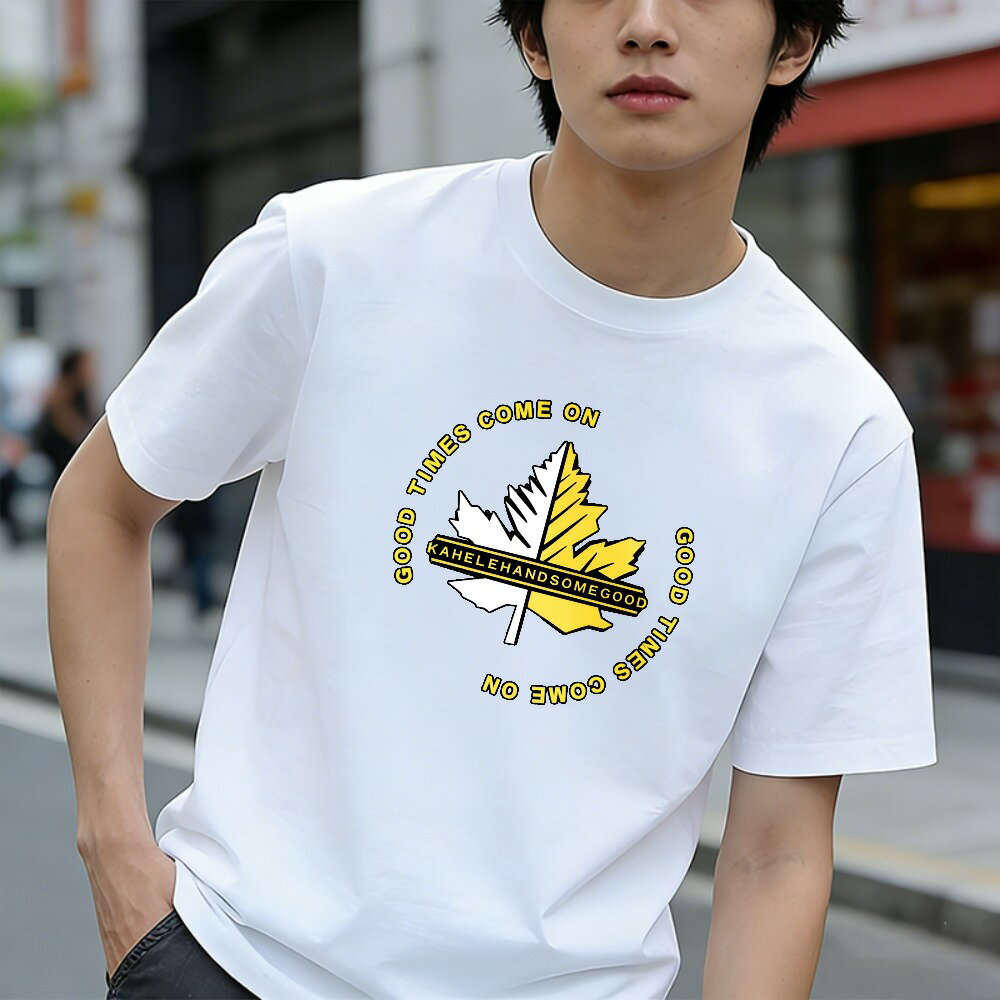 樂天商城 - Tシャツ メンズ 半袖 100％コットン 枫の葉デザイン 黄色と黒 円形のテキスト ストリートスタイル グラフィックプリント おもしろいTシャツ カジュアルTシャツ ティーシャツ 春 夏 男子 中学生 通気性 速乾 吸汗発散 丸首 アウトドア ストレッチ ギフト プレゼント