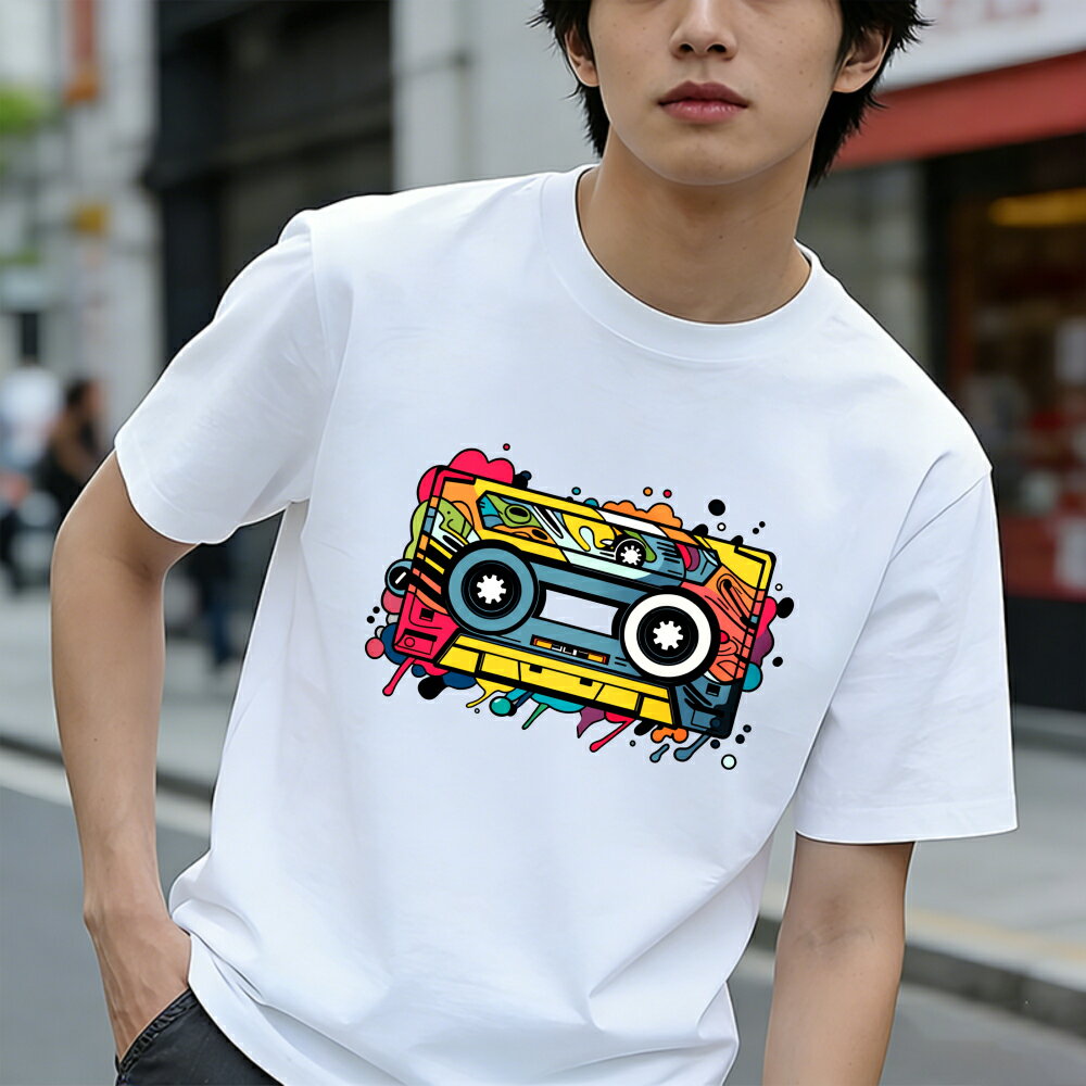 樂天商城 - Tシャツ メンズ 半袖 100％コットン カラフルなカセットテープデザイン ストリートスタイル グラフィックプリント おもしろいTシャツ カジュアルTシャツ ティーシャツ 春 夏 男子 中学生 通気性 速乾 吸汗発散 丸首 アウトドア ストレッチ ギフト プレゼント