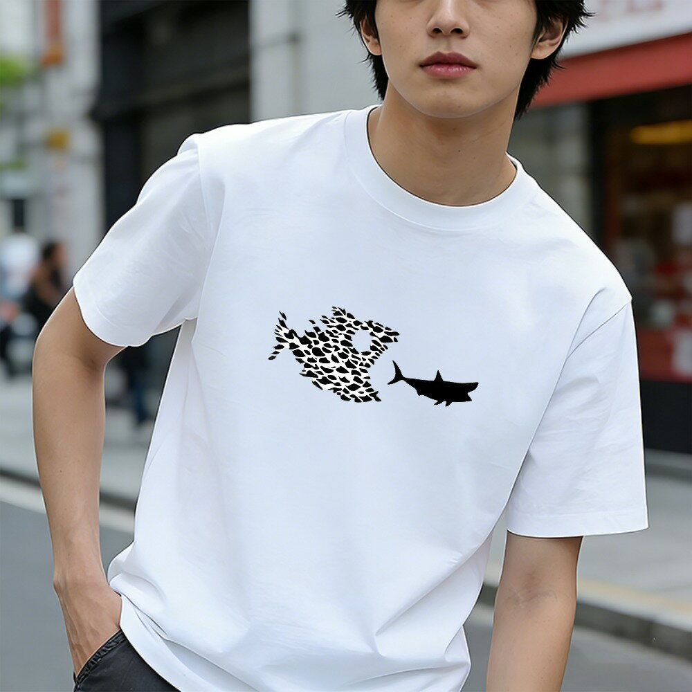 樂天商城 - Tシャツ メンズ 半袖 100％コットン 魚の模様とサメのシルエット グラフィックプリント おもしろいTシャツ カジュアルTシャツ ティーシャツ 春 夏 男子 中学生 通気性 速乾 吸汗発散 丸首 アウトドア ストレッチ ギフト プレゼント