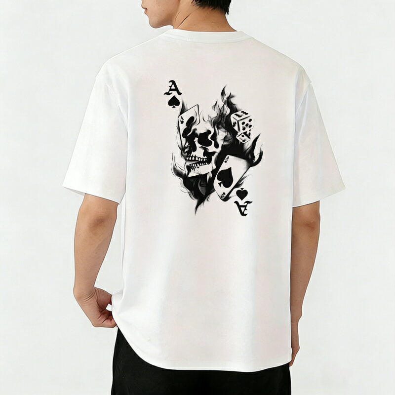 樂天商城 - Tシャツ メンズ 半袖 バックプリントtシャツ 100％コットン スカルプレイカード フレイムデザイン カジュアルTシャツ グラフィックプリント ティーシャツ 綿 春 夏 男子 中学生 通気性 速乾 吸汗発散 丸首 ストレッチ ギフト プレゼント