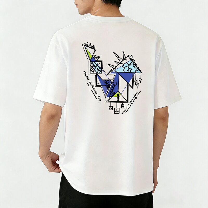 樂天商城 - Tシャツ メンズ 半袖 バックプリントtシャツ 100％コットン 幾何学的な形の抽象的なデザイン カジュアルTシャツ グラフィックプリント ティーシャツ 綿 春 夏 男子 中学生 通気性 速乾 吸汗発散 丸首 ストレッチ ギフト プレゼント
