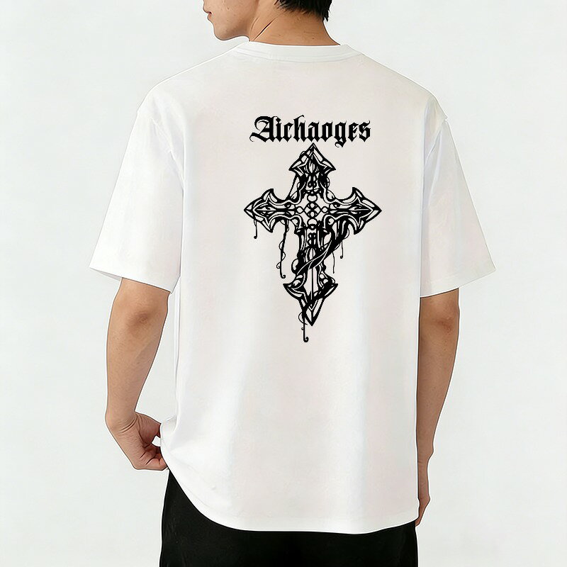 樂天商城 - Tシャツ メンズ 半袖 バックプリントtシャツ 100％コットン 大天使の十字架デザインプリント カジュアルTシャツ グラフィックプリント ティーシャツ 綿 春 夏 男子 中学生 通気性 速乾 吸汗発散 丸首 ストレッチ ギフト プレゼント