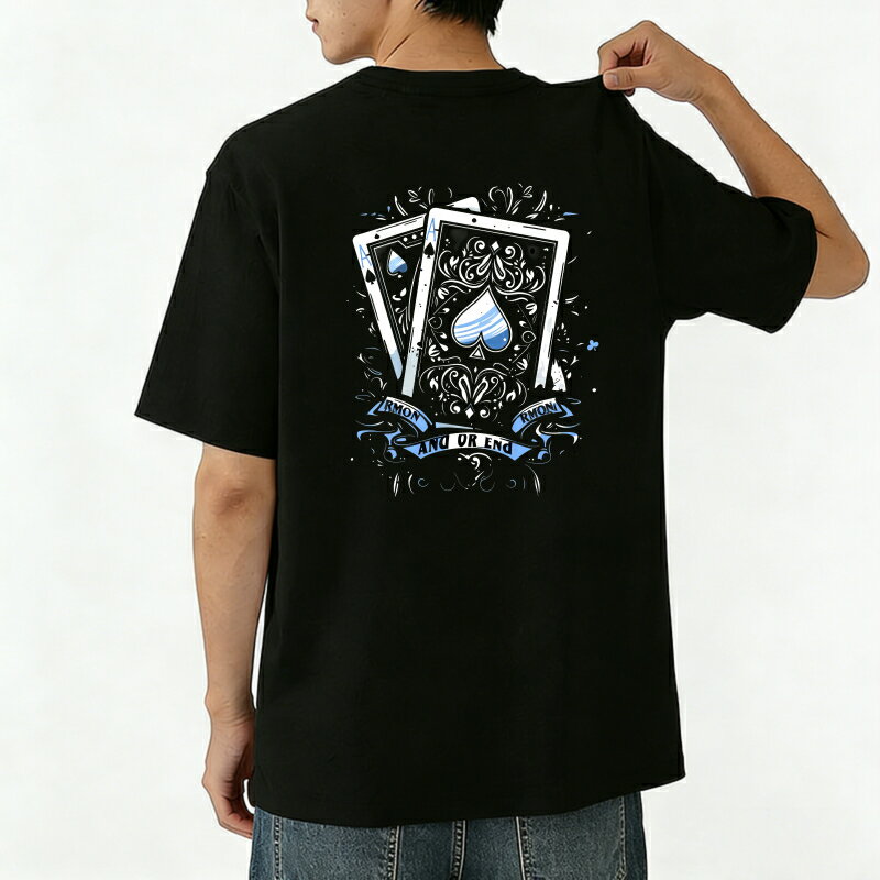 樂天商城 - Tシャツ メンズ 半袖 バックプリントtシャツ 100％コットン トランプと青いリボン グラフィックプリント ティーシャツ 綿 春 夏 男子 中学生 通気性 速乾 吸汗発散 丸首 ストレッチ ギフト プレゼント
