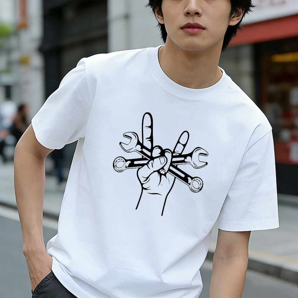樂天商城 - Tシャツ メンズ 半袖 100％コットン アメカジ レンチを持っている手のパターン グラフィックプリント おもしろいTシャツ カジュアルTシャツ ティーシャツ 春 夏 男子 中学生 通気性 速乾 吸汗発散 丸首 アウトドア ストレッチ ギフト プレゼント