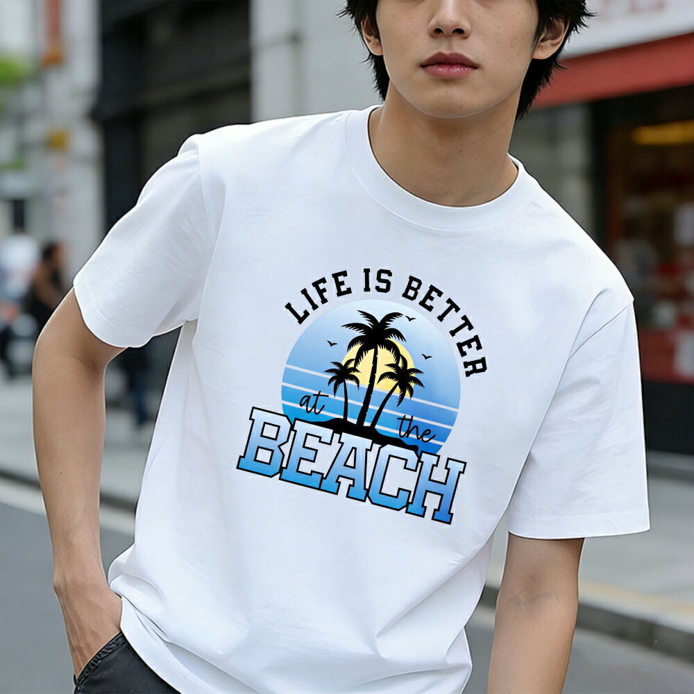 樂天商城 - Tシャツ メンズ 半袖 100％コットン ビーチでの生活はより良い グラフィックプリント おもしろいTシャツ カジュアルTシャツ ティーシャツ 春 夏 男子 中学生 通気性 速乾 吸汗発散 丸首 アウトドア ストレッチ ギフト プレゼント