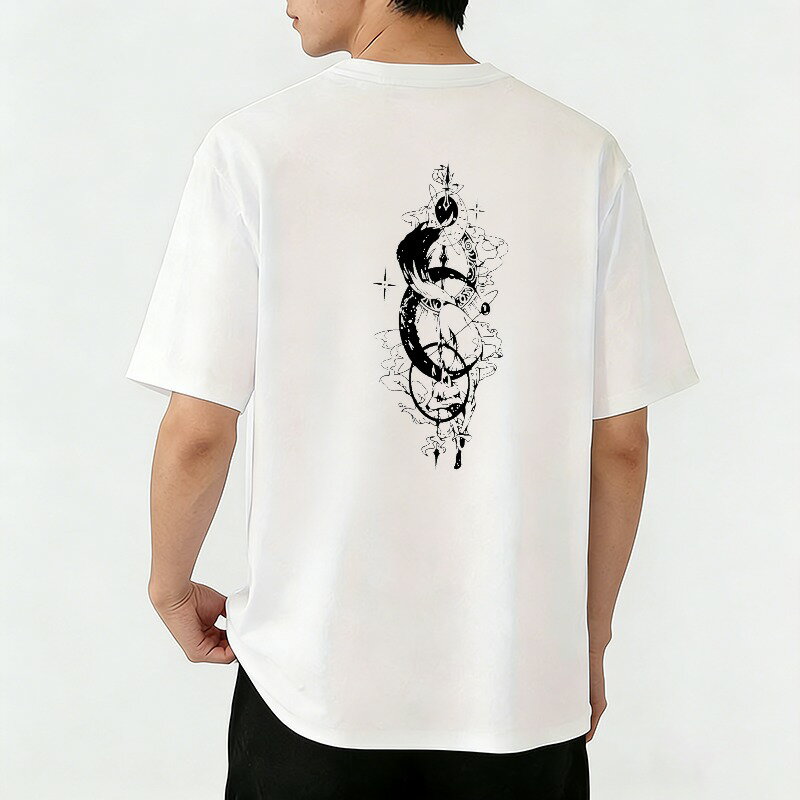 樂天商城 - Tシャツ メンズ 半袖 バックプリントtシャツ ドラゴンと月のシンボルデザイン グラフィックプリント ティーシャツ 綿 春 夏 男子 中学生 通気性 速乾 吸汗発散 丸首 ストレッチ ギフト プレゼント