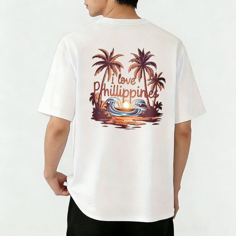 樂天商城 - Tシャツ メンズ 半袖 バックプリントtシャツ フィリピンの夕日とヤシの木が大好き グラフィックプリント ティーシャツ 綿 春 夏 男子 中学生 通気性 速乾 吸汗発散 丸首 ストレッチ ギフト プレゼント