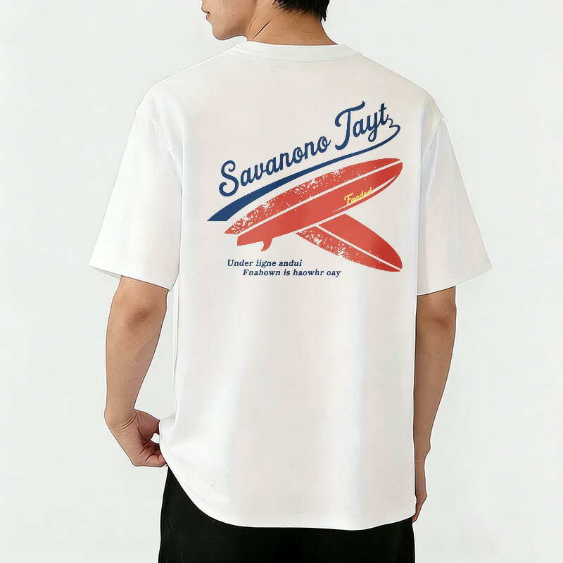 Rakuten - Tシャツ メンズ 半袖 バックプリントtシャツ サーフTシャツ フェードしたテキスト付きのサーフボードデザイン グラフィックプリント ティーシャツ 綿 春 夏 男子 中学生 通気性 速乾 吸汗発散 丸首 ストレッチ ギフト プレゼント
