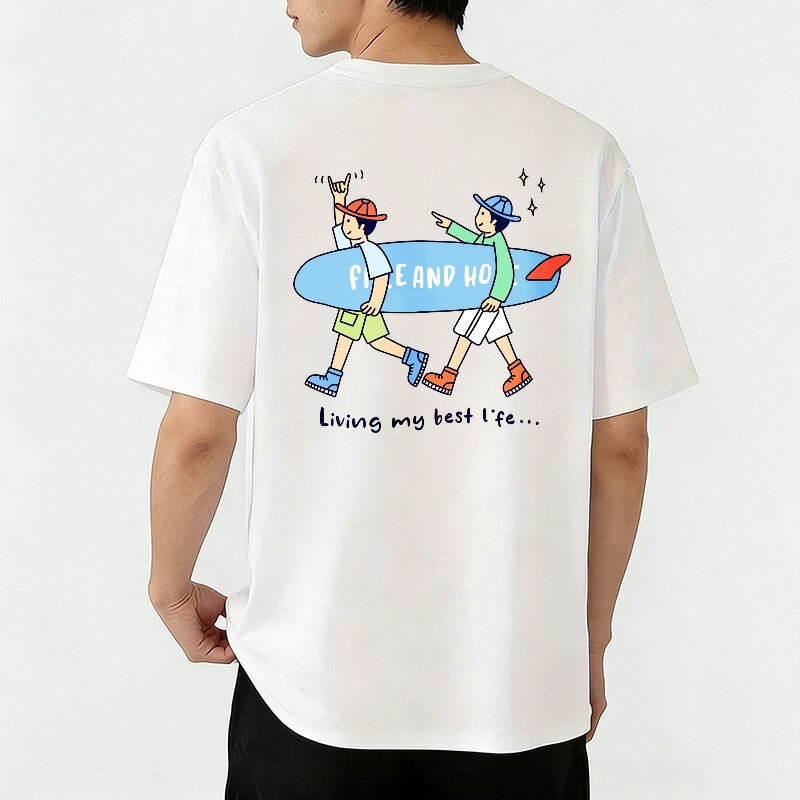 樂天商城 - Tシャツ メンズ 半袖 バックプリントtシャツ サーフTシャツ サーフィン フレンド アドベンチャー ライフスタイル グラフィックプリント ティーシャツ 綿 春 夏 男子 中学生 通気性 速乾 吸汗発散 丸首 ストレッチ ギフト プレゼント