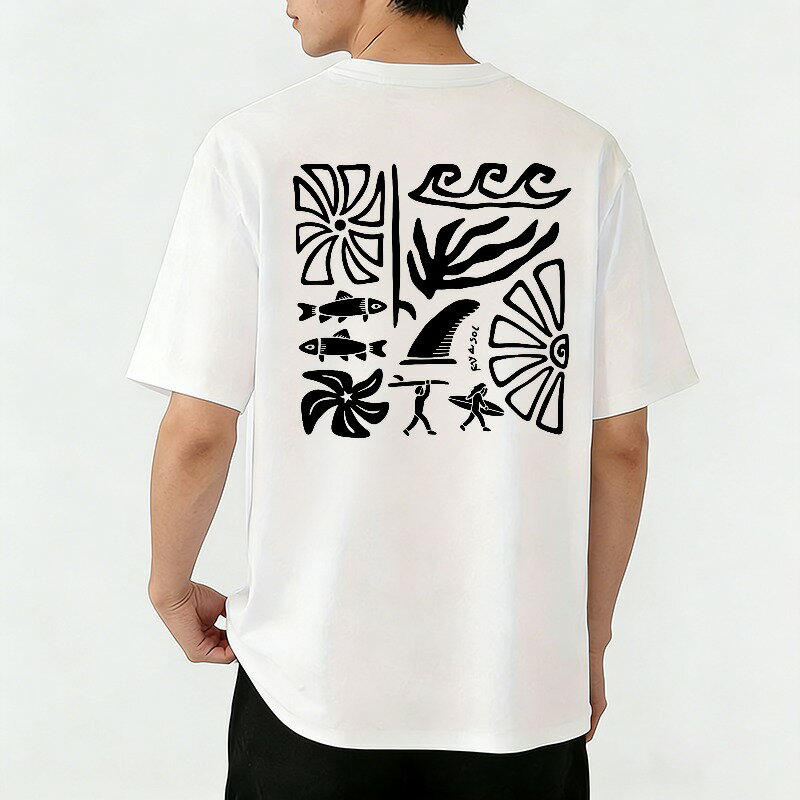 樂天商城 - Tシャツ メンズ 半袖 バックプリントtシャツ 海の波 魚 サーフィン 太陽 グラフィックプリント プリントTシャツ ティーシャツ 綿 春 夏 男子 中学生 通気性 速乾 吸汗発散 丸首 ストレッチ ギフト プレゼント