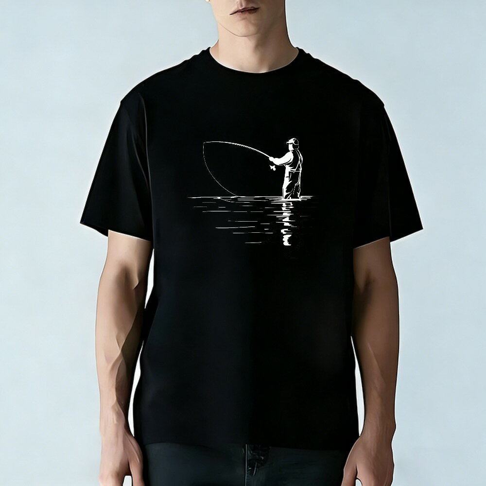 Rakuten - Tシャツ メンズ 半袖 100％コットン 釣り愛好家 釣り人 水面の反射 シルエット グラフィックプリント おもしろいTシャツ カジュアルTシャツ ティーシャツ 春 夏 男子 中学生 通気性 速乾 吸汗発散 丸首 アウトドア ストレッチ ギフト プレゼント