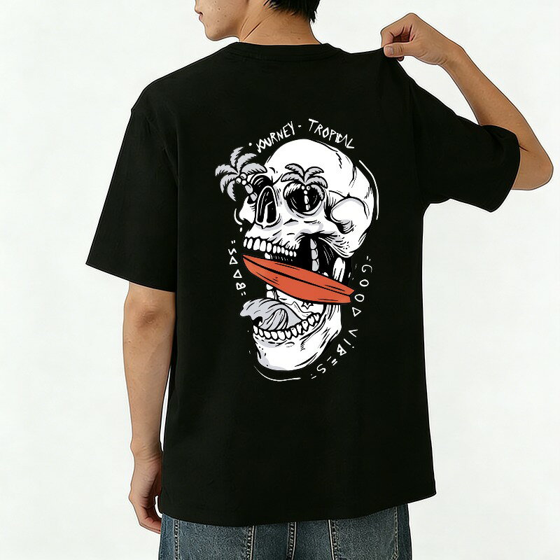 Rakuten - Tシャツ メンズ 半袖 バックプリントtシャツ 100%コットン サーフボードとヤシの木を持つ髑髏 グラフィックプリント プリントTシャツ ティーシャツ 綿 春 夏 男子 中学生 通気性 速乾 吸汗発散 丸首 ストレッチ ギフト プレゼント