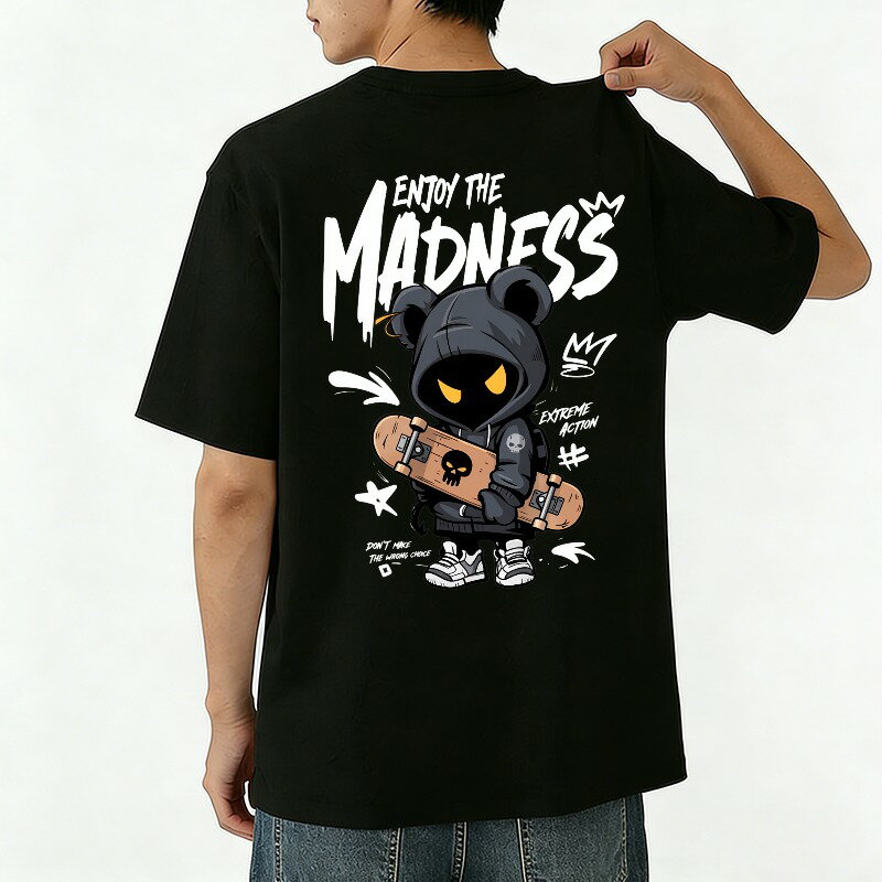 樂天商城 - Tシャツ メンズ 半袖 バックプリントtシャツ 100%コットン スケートボード ベア パーカー マッドネス アクション グラフィックプリント プリントTシャツ ティーシャツ 綿 春 夏 男子 中学生 通気性 速乾 吸汗発散 丸首 ストレッチ ギフト プレゼント