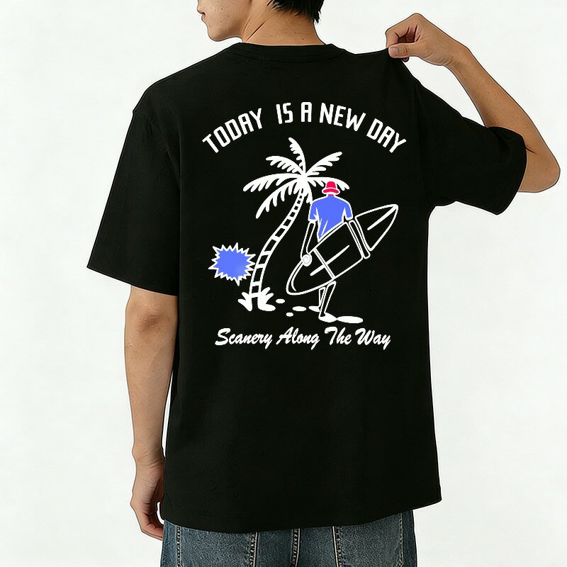 樂天商城 - Tシャツ メンズ 半袖 バックプリントtシャツ 100%コットン アウトラインデザイン サーファー サーフTシャツ グラフィックプリント プリントTシャツ ティーシャツ 綿 春 夏 男子 中学生 通気性 速乾 吸汗発散 丸首 ストレッチ ギフト プレゼント