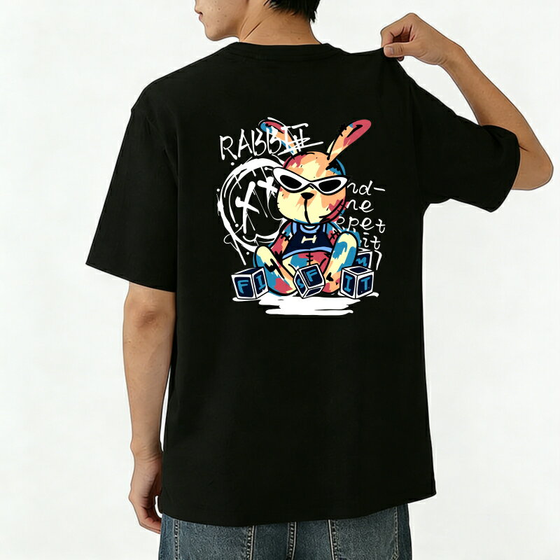 樂天商城 - Tシャツ メンズ 半袖 バックプリントtシャツ 100%コットン ウサギ柄 サングラスとブロックを持っているウサギ グラフィックプリント プリントTシャツ ティーシャツ 綿 春 夏 男子 中学生 通気性 速乾 吸汗発散 丸首 ストレッチ ギフト プレゼント