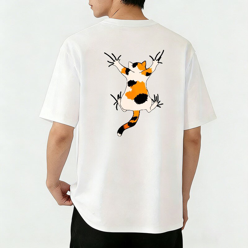 樂天商城 - Tシャツ メンズ 半袖 バックプリントtシャツ 100%コットン 猫が背伸びしている後ろからの視点 グラフィックプリント プリントTシャツ ティーシャツ 綿 春 夏 男子 中学生 通気性 速乾 吸汗発散 丸首 ストレッチ ギフト プレゼント