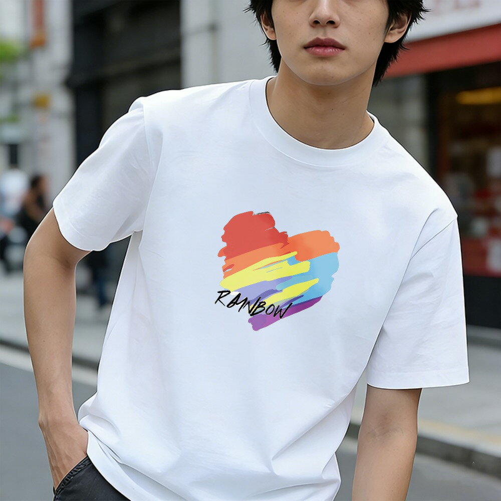 樂天商城 - Tシャツ メンズ 半袖 100％コットン 虹色のハートウォーターカラーデザインプリント グラフィックプリント おもしろいTシャツ カジュアルTシャツ ティーシャツ 春 夏 男子 中学生 通気性 速乾 吸汗発散 丸首 アウトドア ストレッチ ギフト プレゼント