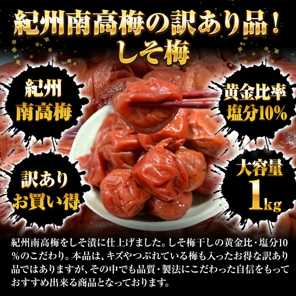 すこし訳あり 紀州南高梅 しそ梅 1kg 梅干し うめ ウメ 梅 徳用 大容量 南高梅 塩分10％ キズ つぶれ BBQ ギフト進物 プレゼント 内祝い 送料無料 【注意】北海道、沖縄は追加送料を997円加算し、ご請求いたします。 ギフト 2026 3