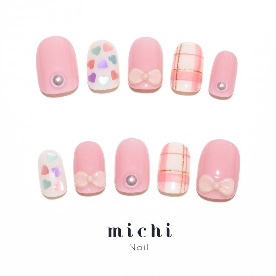 リボンとチェックの可愛い詰め合わせネイル michinail ネイルチップ ミチネイル ネイル つけ爪 ハンドメイドネイル ショートネイル ニュアンスネイル ブライダルネイル 成人式ネイル