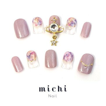 ピンクギャラクシーチャームネイル michinail ネイルチップ ミチネイル ネイル つけ爪 ハンドメイドネイル ショートネイル ニュアンスネイル ブライダルネイル 成人式ネイル