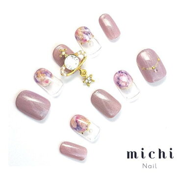 ピンクギャラクシーチャームネイル michinail ネイルチップ ミチネイル ネイル つけ爪 ハンドメイドネイル ショートネイル ニュアンスネイル ブライダルネイル 成人式ネイル