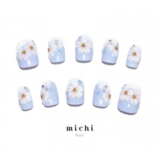 さくらのブルーグレーフレンチネイル michinail ネイルチップ ミチネイル ネイル つけ爪 ハンドメイドネイル ショートネイル ニュアンスネイル ブライダルネイル 成人式ネイル