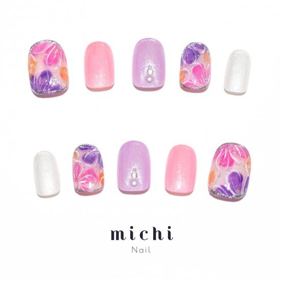つやキラ春色フラワーネイル(ピンク×パープル) michinail ネイルチップ ミチネイル ネイル つけ爪 ハンドメイドネイル ショートネイル ニュアンスネイル ブライダルネイル 成人式ネイル