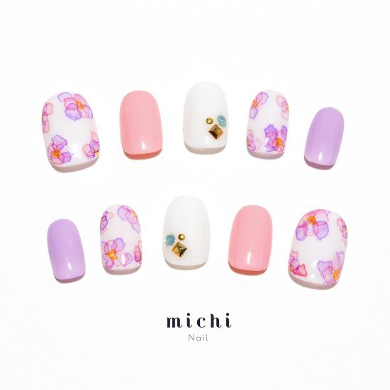 春色たらしこみフラワーネイル michinail ネイルチップ ミチネイル ネイル つけ爪 ハンドメイドネイル ショートネイル ニュアンスネイル ブライダルネイル 成人式ネイル