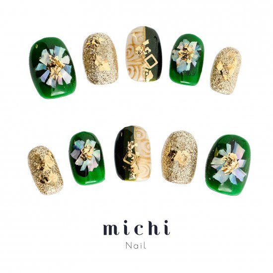 艶やかグリーンのインパクトフラワーネイル michinail ネイルチップ ミチネイル ネイル つけ爪 ハンドメイドネイル ショートネイル ニュアンスネイル ブライダルネイル 成人式ネイル