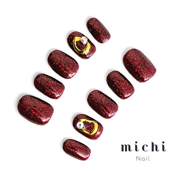 ディープな赤のキラキラネイル michinail ネイルチップ ミチネイル ネイル つけ爪 ハンドメイドネイル ショートネイル ニュアンスネイル ブライダルネイル 成人式ネイル