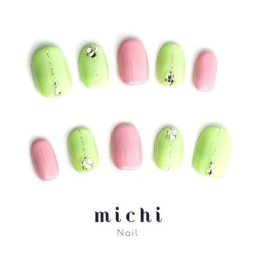 パステルグリーン×ピンクの上品ネイル michinail ネイルチップ ミチネイル ネイル つけ爪 ハンドメイドネイル ショートネイル ニュアンスネイル ブライダルネイル 成人式ネイル