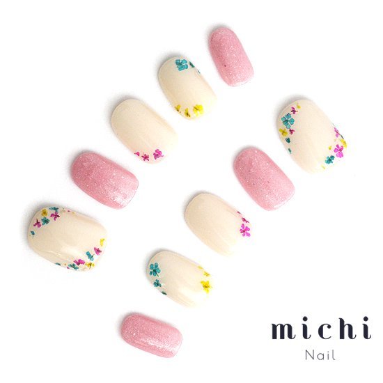 カラフルフラワーネイル michinail ネイルチップ ミチネイル ネイル つけ爪 ハンドメイドネイル ショートネイル ニュアンスネイル ブライダルネイル 成人式ネイル 2