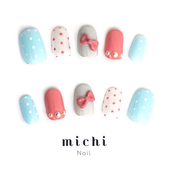 ドットリボンネイル michinail ネイルチップ ミチネイル ネイル つけ爪 ハンドメイドネイル ショートネイル ニュアンスネイル ブライダルネイル 成人式ネイル