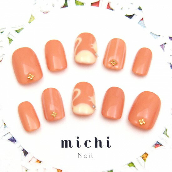 オレンジベージュのキャットアートネイル michinail ネイルチップ ミチネイル ネイル つけ爪 ハンドメイドネイル ショートネイル ニュアンスネイル ブライダルネイル 成人式ネイル