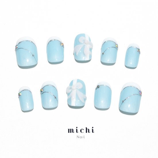 ミントブルーのガーリーフレンチネイル michinail ネイルチップ ミチネイル ネイル つけ爪 ハンドメイドネイル ショートネイル ニュアンスネイル ブライダルネイル 成人式ネイル