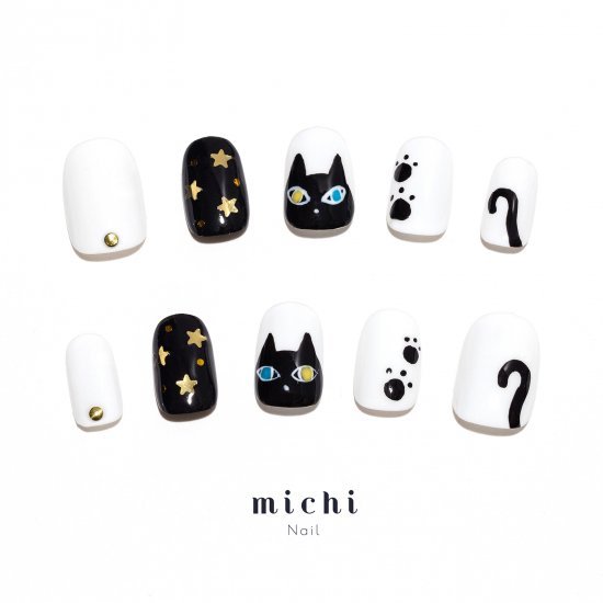 オッドアイの黒猫さんネイル michinail ネイルチップ ミチネイル ネイル つけ爪 ハンドメイドネイル シ..