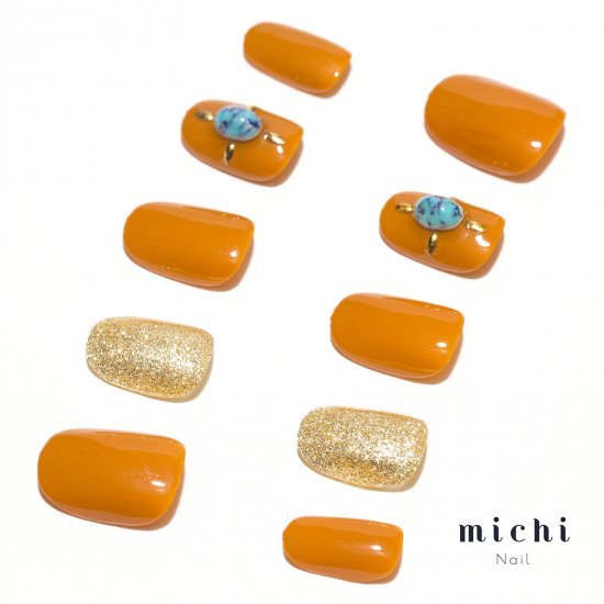 ターコイズ引き立つキャメルネイル michinail ネイルチップ ミチネイル ネイル つけ爪 ハンドメイドネイル ショートネイル ニュアンスネイル ブライダルネイル 成人式ネイル