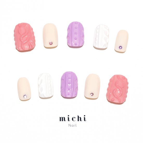 女子カラーの王道ニットネイル michinail ネイルチップ ミチネイル ネイル つけ爪 ハンドメイドネイル ショートネイル ニュアンスネイル ブライダルネイル 成人式ネイル