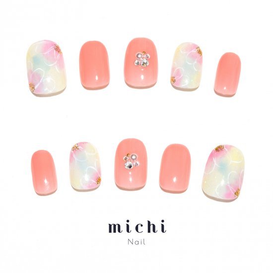 ピーチピンクのモテネイル michinail ネイルチップ ミチネイル ネイル つけ爪 ハンドメイドネイル ショートネイル ニュアンスネイル ブライダルネイル 成人式ネイル