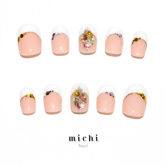 ジュエルフレンチネイル michinail ネイルチップ ミチネイル ネイル つけ爪 ハンドメイドネイル ショートネイル ニュアンスネイル ブライダルネイル 成人式ネイル