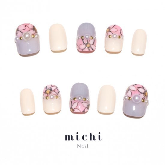 ピンク×グレーのボタニカルフラワーネイル michinail ネイルチップ ミチネイル ネイル つけ爪 ハンドメイドネイル ショートネイル ニュアンスネイル ブライダルネイル 成人式ネイル