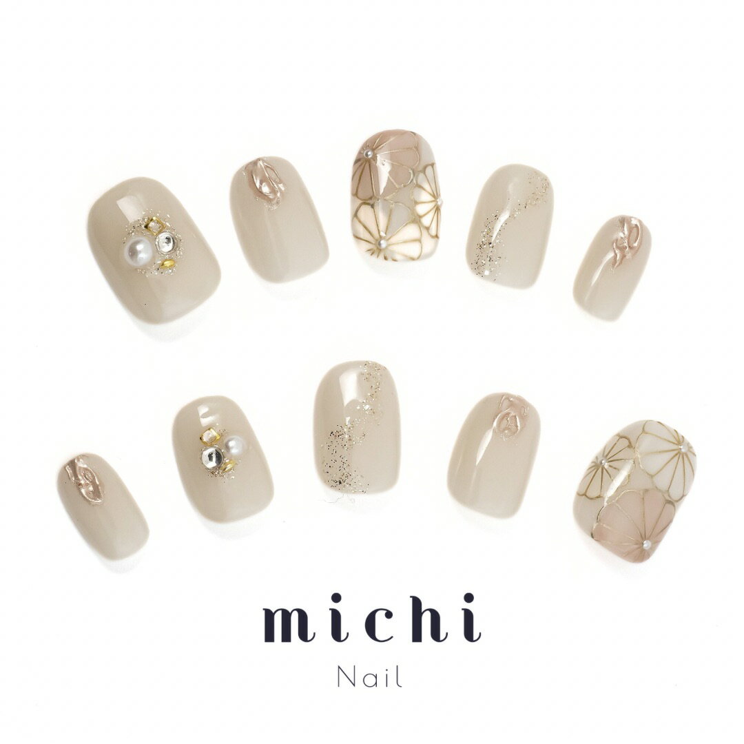 和柄フラワー アイボリーver. ネイルチップ ミチネイル ネイル つけ爪 ハンドメイドネイル ショートネイル ブライダルネイル 成人式ネイル 卒業式 和装