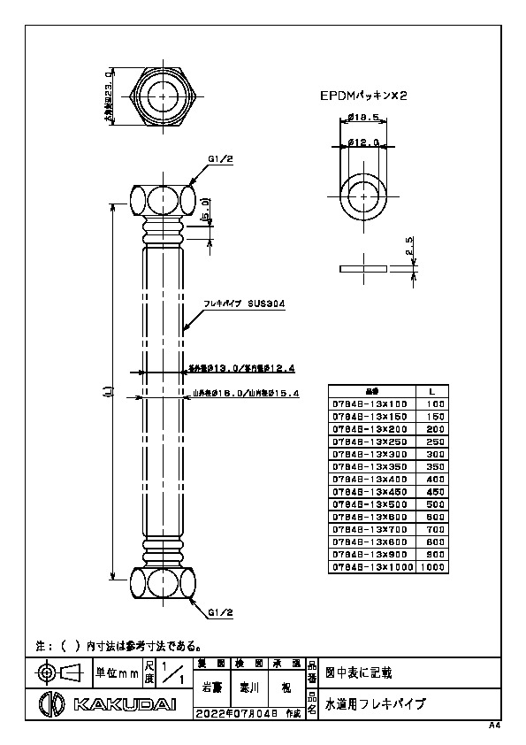 カクダイ 水栓材料 水道用フレキパイプ【0784B-13X200】