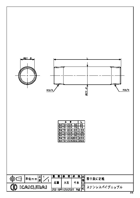 カクダイ 水道材料 ステンレスパイプニップル 【6476-20×100】