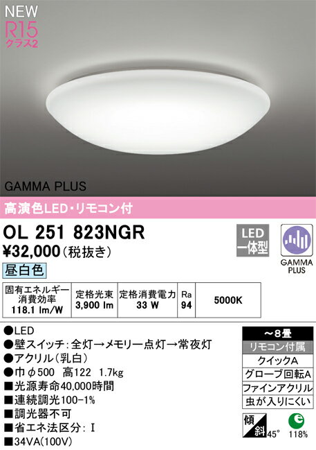 オーデリック GAMMA PLUS シーリングライト シーリングライト 【OL251823NGR】【OL 251 823NGR】