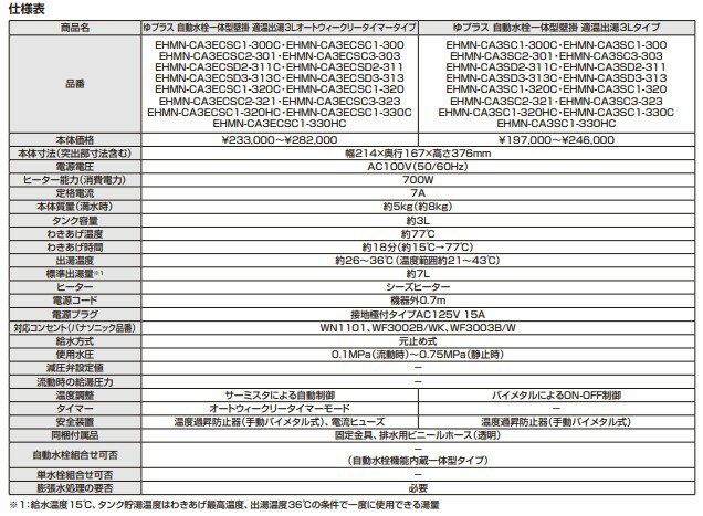 INAX LIXIL・リクシル 小型電気温水器 【EHMS-CA3ECSD2-311】 ゆプラス 自動水栓一体型壁掛 適温出湯3Lオートウィークリータイマータイプ セット商品 【EHMN-CA3ECSD2-311+EFH-6】 2