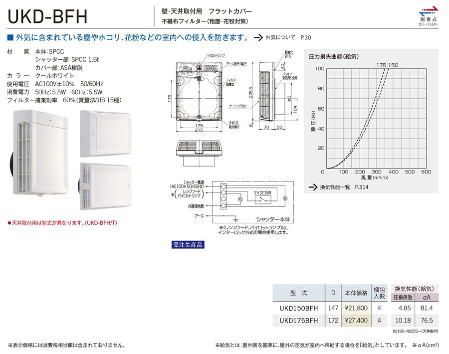 住宅設備のプロショップDOOON!!のユニックス 【UKD150BFH】 UKD-BFH 室内用製品 給気電動シャッター 壁・天井取付用　フラットカバー 不織布フィルター(粗塵・花粉対策)換気口 手配後キャンセル不可商品｜アングル2