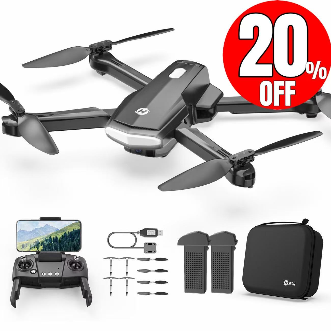 ★通常価格より20%オフ+ポイント5倍★ ドローン カメラ付き 1080P HDカメラ付き Holy Stone 折り畳み式 初心者向け 飛行時間30分 バッテリー2個付き 収納ケース オプティカルフロー機能付き 軌跡飛行モード 安定飛行 高度維持 国内認証済み HS260