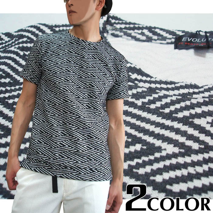 Rakuten - 【ポイント10倍】半袖Tシャツ メンズ 幾何学 総柄 モノトーン 網目 模様 EVOLUTION【あす楽対応】【あす楽_土曜営業】【あす楽_日曜営業】